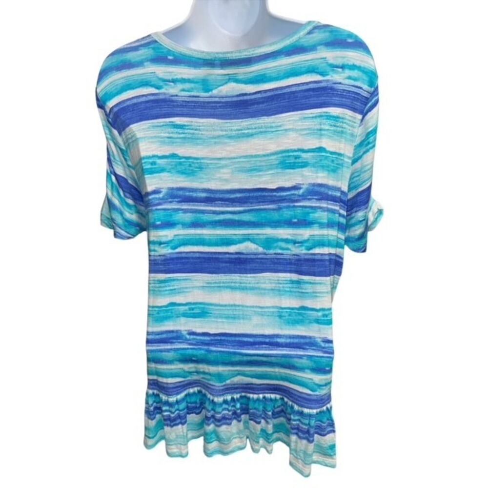 Onque Casual XL Top Charming Blue Striped Ruffles Comfy Soft Fabric Fancy Ruche - Picture 6 of 6